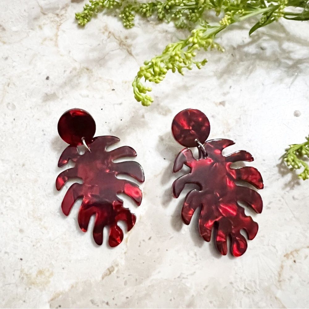 Ruby Monstera Leaf Resin Earrings